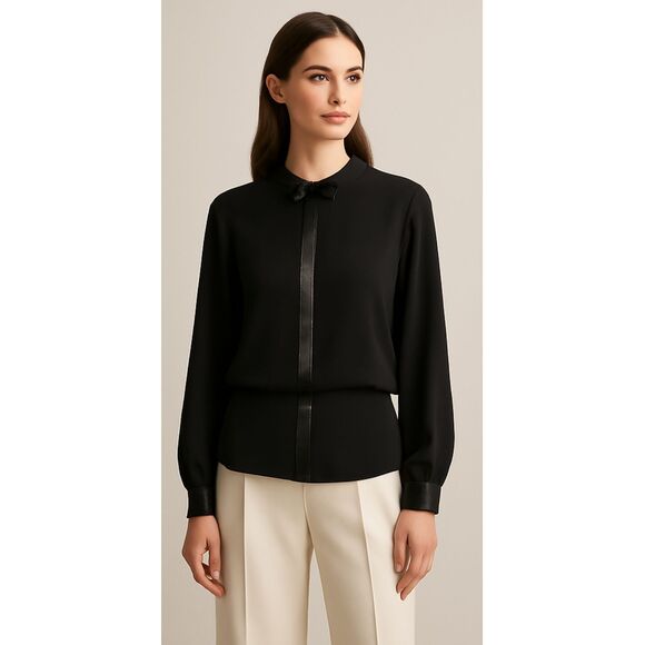 Oscar de la Renta | Black Satin Bow Tuxedo Bishop Blouse  Size 10 | EUC - Picture 1 of 14